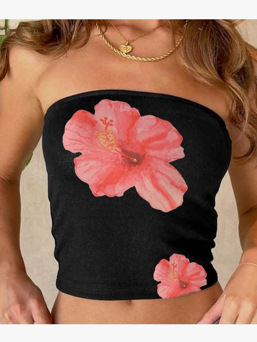 Chic Nation Black Strapless Tube Top With Coral Floral Print